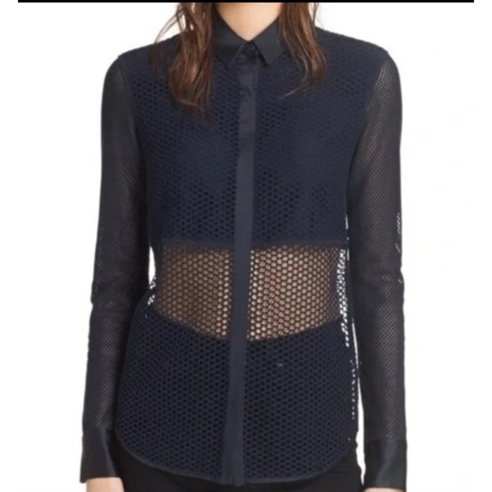 RAG & BONE Navy Open Mesh Luna Shirt Medium Silk